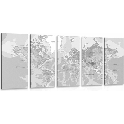 5-dielny obraz klasická mapa sveta v čiernobielom prevedení