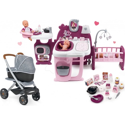 Smoby Set domček pre bábiku Violette Baby Nurse Large Doll's Play Center a kočík hlboký a športový DeLuxe Maxi Cosi & Quinny Grey