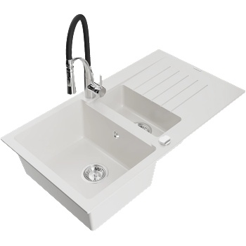 Mexen Matias гранитна мивка 1, 5 камера с отцедник и кухненски смесител Aster, бял - 6502-20-73450-07 (6502-20-73450-07)