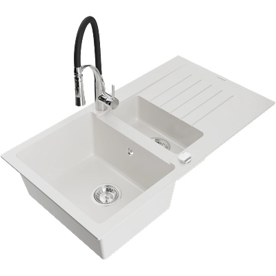 Mexen Matias гранитна мивка 1, 5 камера с отцедник и кухненски смесител Aster, бял - 6502-20-73450-07 (6502-20-73450-07)