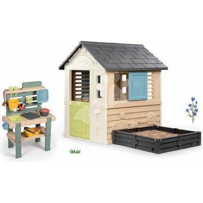 Smoby Set domček s pieskoviskom a kreatívna kuchynka pre záhradníkov Square Life rozšíriteľný s 3 oknami a 2 žalúziami