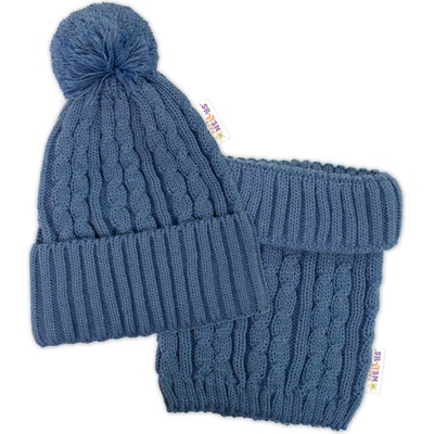 Baby Nellys Pletená zimná čiapka s brmbolcom komínček modrá, jeans