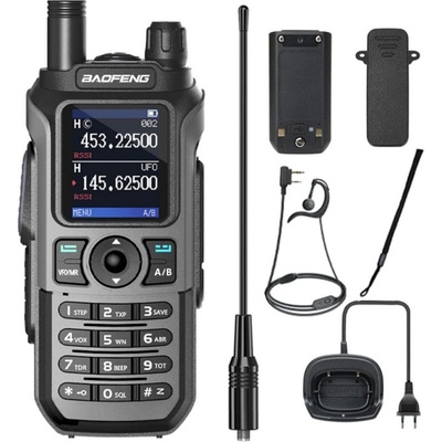 Baofeng Водоустойчива трибандова радиостанция Baofeng UV-21 PRO, до 10км обхват, 1, 77" LCD екран, 8W, 999 канала, USB-C зареждане, FM радио, Сива (UV-21 PRO)
