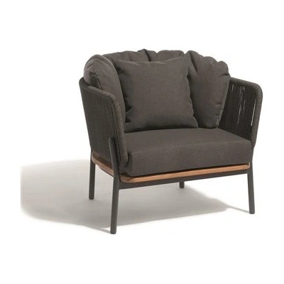 Diphano Hliníkové nízké křeslo Omer, 75x75x65 cm, rám teak a hliník šedočerná (lava), výplet lanko šedočerná (graphite), bez polstrů