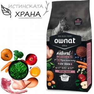 OWNAT Ultra Medium Junior - Натурална суха храна с пряснo пилешко и пуешко месо, за подрастващи кученца от средните породи - 14 кг, Испания - 109044