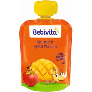 Bebivita Плодова закуска Bebivita - Пауч с ябълка, праскова и манго, 12 м+, 90 g (19062) - baby