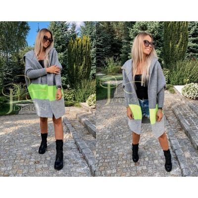 Fashionweek Pletený pruhovaný svetr kabát kabát s kapucí LINDA limonka neon