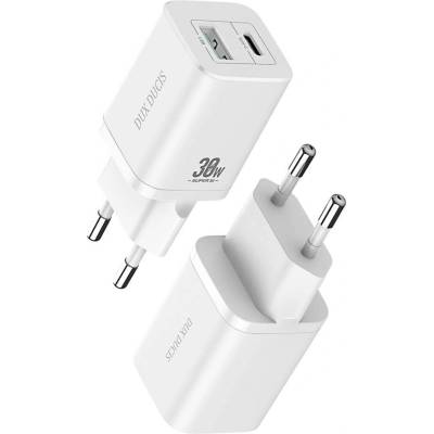 Dux Ducis Super Si Dual USB & USB-C PD Wall Charger 30W- захранване за ел. мрежа с USB и USB-C изходи и технология за бързо зареждане (бял)