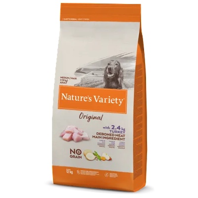 Nature`s Variety ORIGINAL NO GRAIN MEDIUM/MAXI - TURKEY - Пълноценна, Натурална храна, БЕЗ ЗЪРНО за пораснали кучета, над 1 година, от средни и едри породи, с пуйка и плодове - САЩ - 12 кг 927127