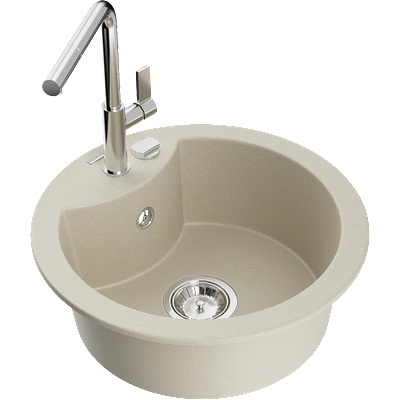 Mexen Diego мивка гранитова 1-камерна с кухненски смесител Flora, бежов - 6512-69-670401-00 (6512-69-670401-00)