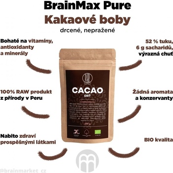BrainMax Pure Drcené Kakaové Boby Nepražené RAW BIO 250 g