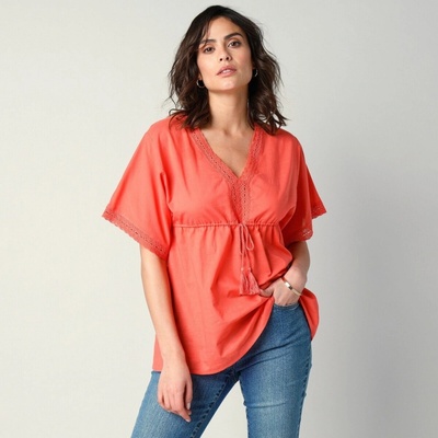 Blancheporte Top "pončo" s macramé a strapcami koralová