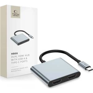 Tech-Protect HB08 HUB ADAPTER 4IN1 TYPE-C + USB2.0 + 2 x HDMI 4K 60HZ космическо сиво