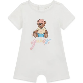 Guess Късо боди за новородено момиче в бял цвят с цветно мече и надпис Guess