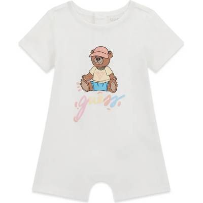 Guess Късо боди за новородено момиче в бял цвят с цветно мече и надпис Guess