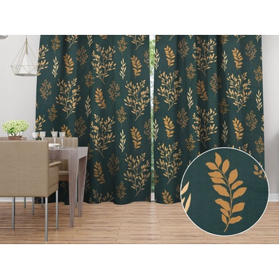 Biante Bavlněný závěs Sandra SA-742 Zlaté větvičky s lístky na tmavě zeleném 150x240 cm