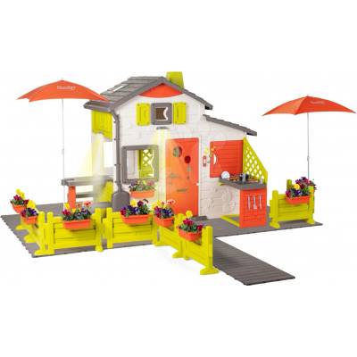 Smoby Domček Neo Friends House DeLuxe s kvetinovou prístupovou cestou a dvoma slnečníkmi SM810211-J
