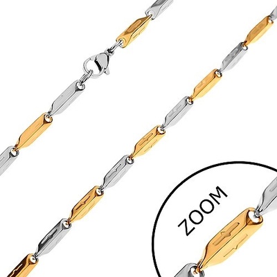 Šperky eshop Řetízek z chirurgické oceli, dvoubarevné zkosené hranoly se zářezy Z28.15
