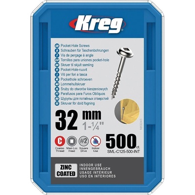 Kreg Zinc Maxi-Loc Skrutky pre skryté spoje - 32 mm, hrubý závit, 500 ks SML-C125-500-INT