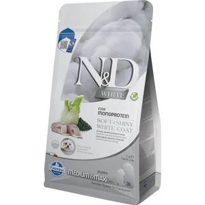 Farmina N&D DOG GRAIN FREE Spirulina White Dog Sea Bass & Fennel Puppy Medium & Maxi - пълноценна суха храна без зърнени култури за подрастващи кученца с бяла козина от средни и едри породи породи, с лаврак, 