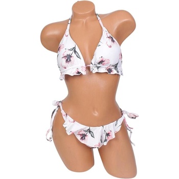 Дамски бански в бяло с цветя и къдрички