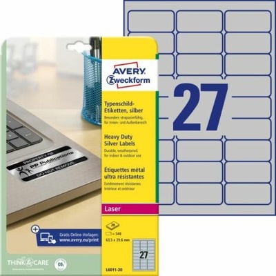 Etikety polyesterové 63,5x29,6mm Avery A4 strieborné 20 hárkov