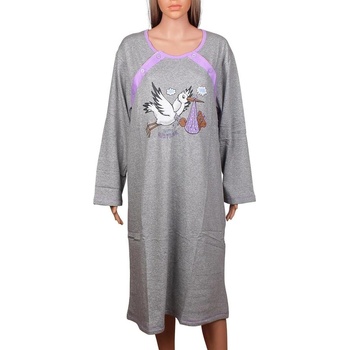 Ватирана макси нощница за кърмене в тъмносиво с щъркел