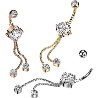 Šperky eshop ocelový piercing do pupíku dvojitý řetízek s čirými zirkony PVD O02.04 Stříbrná