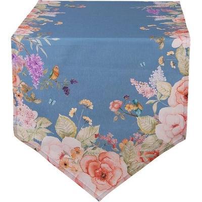 Clayre & Eef Modrý bavlněný běhoun s květy Flower & Fiesta 50x160 cm