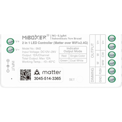 MiBoxer SM2 2v1 ovladač LED pásků Matter přes WiFi 2.4GHz Mono CCT