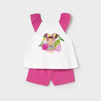 Mayoral Комплект къс панталон в фуксия и потник с апликация за мини момиче Майорал