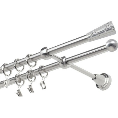 OK-GarnýžeCZ Garnýž kovová dvouřadá 19mm Trapezium nerez 180 cm do stěny / kroužky s žabkou