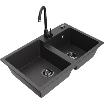 Mexen Tomas гранитна мивка с 2 отделения и кухненски смесител Telma, черна с пръски - 6516-76-670200-70-B (6516-76-670200-70-B)