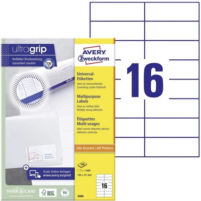 Avery-Zweckform 3484 105 x 37 mm papier biela 1600 ks trvalé univerzálne etikety laser; 3484