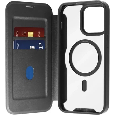 PURO Кожен калъф Puro Book Mag MagSafe с капак и слот за карта за iPhone 16 Pro Max - черен (PUIPC16P67BKMAGBLK)