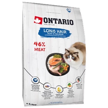 ONTARIO LONGHAIR Adult duck, chicken, salmon cat food - суха храна за дългокосмести котки над 1 година с патешко, пилешко месо и сьомга 6, 5 кг, Чехия 213-10437