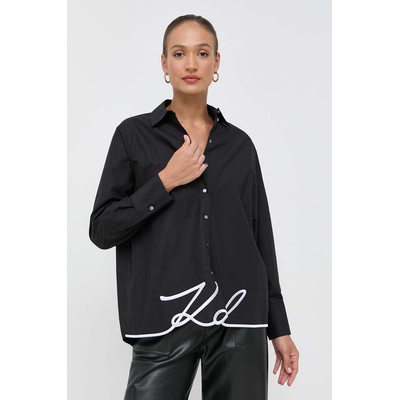 KARL LAGERFELD Памучна риза Karl Lagerfeld дамска в черно със свободна кройка с класическа яка (236W1606)