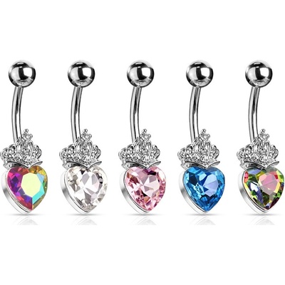 Šperky eshop piercing do pupíku z oceli srdce s tiárou zdobené krystaly rhodiované AB24.16 Vitrail medium
