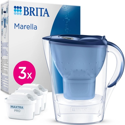 BRITA water filter jug Marella blue (2.4l) incl. 3x MAXTRA PRO Pure Performance cartridge - refrigerator-suitable filter jug with BRITA Memo, folding lid, filters impurities - 1051935
