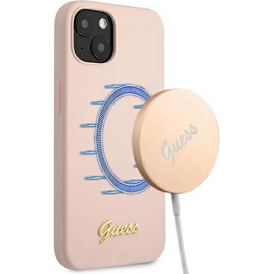 GUESS Кейс Guess GUHMP13MLSLMGLP за iPhone 13 6.1", светлорозов, твърд, съвместим с Magsafe, Silicone Script Gold Logo (3666339037130)