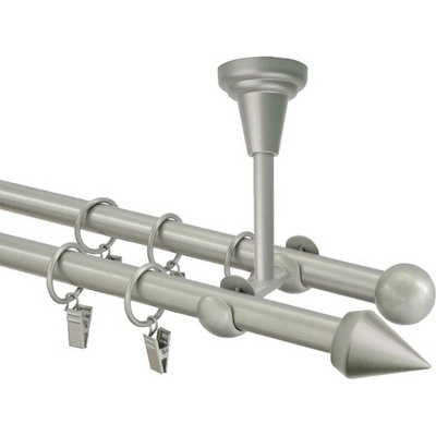 OK-GarnýžeCZ Garnýž kovová dvouřadá 16mm Hrot stříbrná mat 340 cm do stropu / kroužky s žabkou