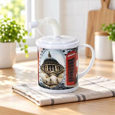 Huizhou Haiswei Daily Necessities Co. Ltd. Plastový hrnček s londýnskymi pamiatkami 3D so slamkou 380 ml