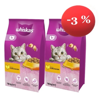 Whiskas Adult 2x14кг - суха храна за възрастни котки, с вкусно пилешко месо