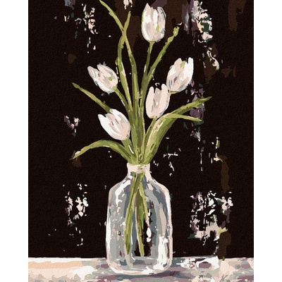 Malování podle čísel BÍLÉ TULIPÁNY VE SKLENĚNÉ VÁZE HALEY BUSH