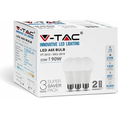 V-TAC žiarovka LED E27 15W, 4000K, 1350lm, 3- , A60 VT-2015