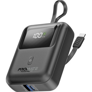 Promate Външна батерия ProMate POWERPOD-10. BLACK 10000mAh Power bank w/ built-in USB-C Cable, 33W PD USB-C in/out port, 20W USB-A port, LED Display - Черна