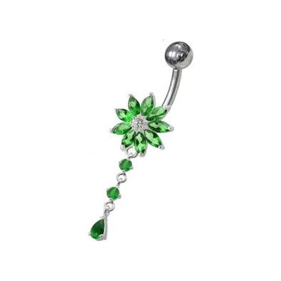 Šperky4U stříbrný piercing do pupíku kytička tmavě zelené kamínky BP01119-E