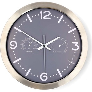Nedis Стенни часовници Nedis CLWA5226SS, диаметър 30 cm, неръждаема стомана, безшумен механизъм: часовник, термометър, индикатор за влажност (CLWA5226SS)
