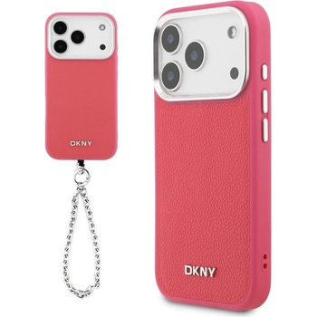 DKNY Дизайнерски кожен кейс с MagSafe и връзка за носене за iPhone 17 Pro - DKNY PU Leather Metal Logo Wrist Chain MagSafe Case (розов) (DKHMP17LPDHWSP)