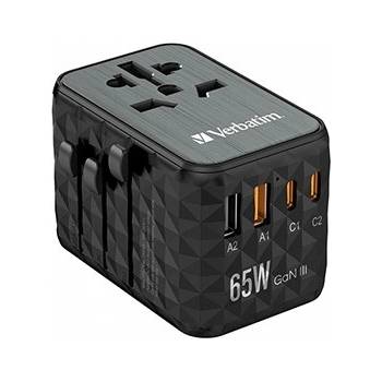 Verbatim World-to-World UTA-05 32120 Универсален адаптер за пътуване, 2x USB-C PD, QC 4+ a 2x USB-A, 65 W, черно (32120)